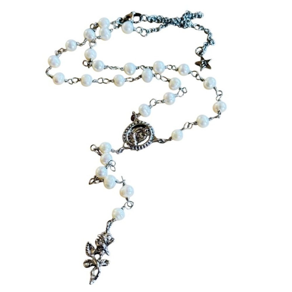 Dalmata D Pearl Rosary rose Necklace Freshwater beaded Stainless Steel Goth